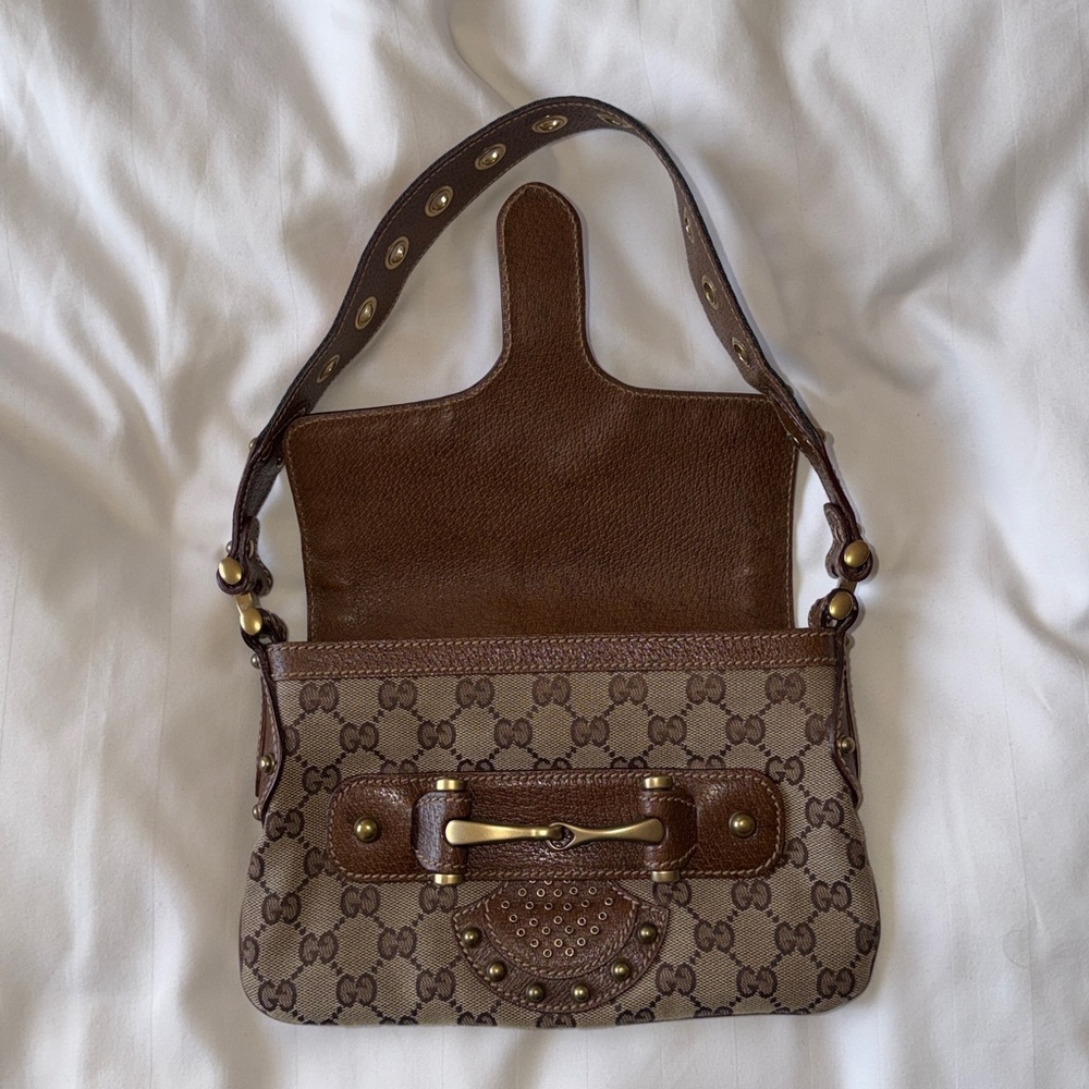 ‼️Vintage Gucci Pelham Runway Studded GG Monogram Striped Strap Shoulder Bag - Picture 11 of 16